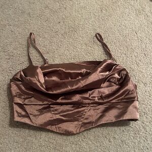SHEIN Brown Satin Cowl Neck Crop Top